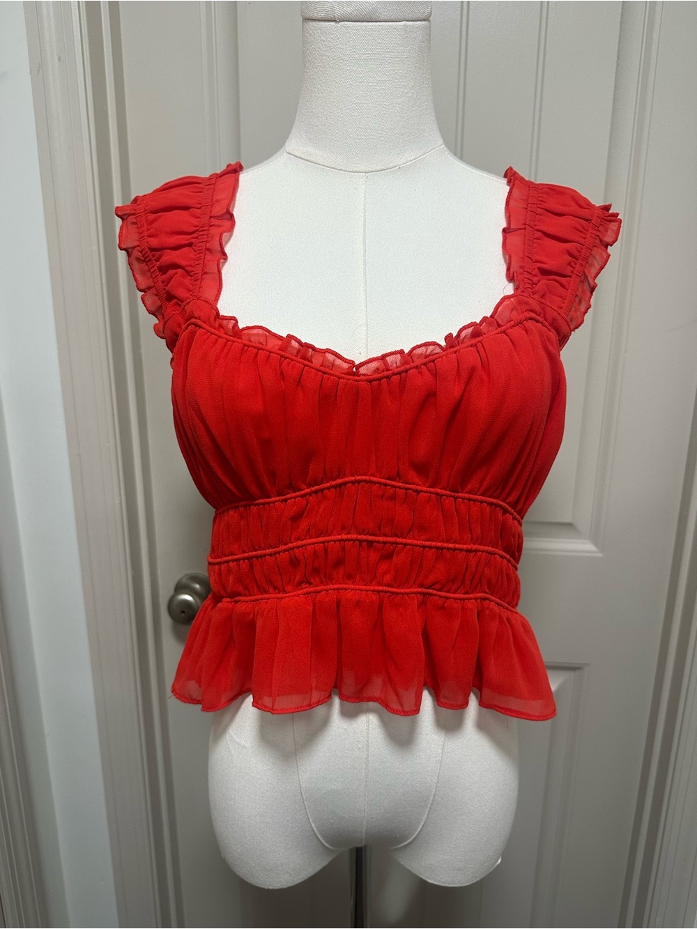 Astr Red Ruffle Smocked Crop Top